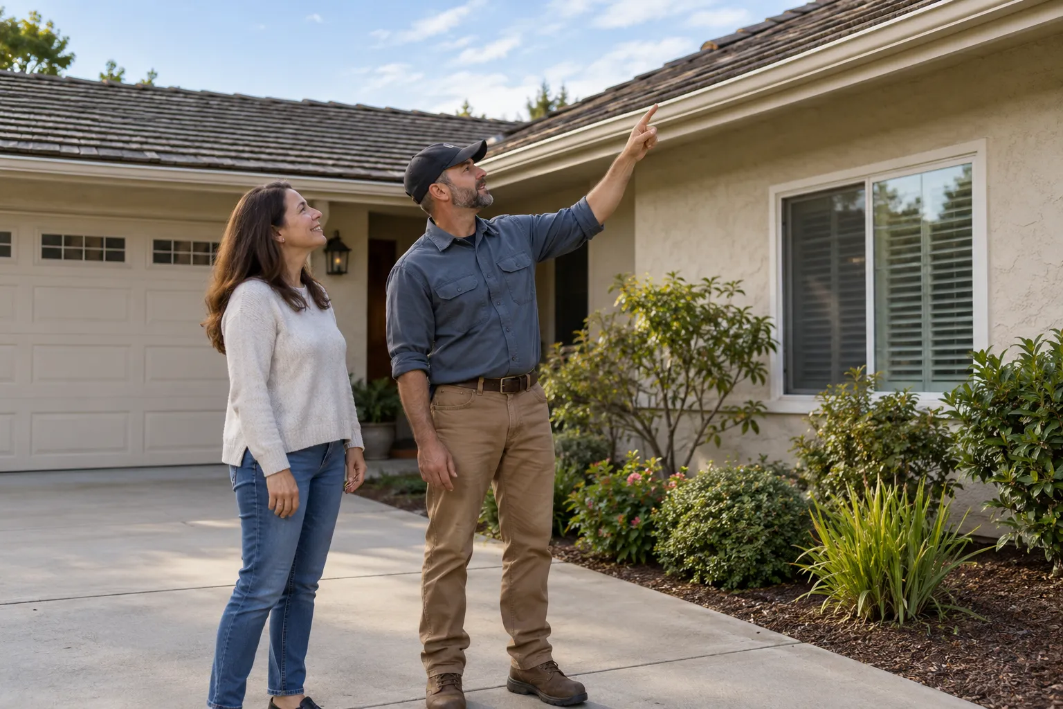A homeowner and a roofing provider looking at a stucco home's roofline in Antioch